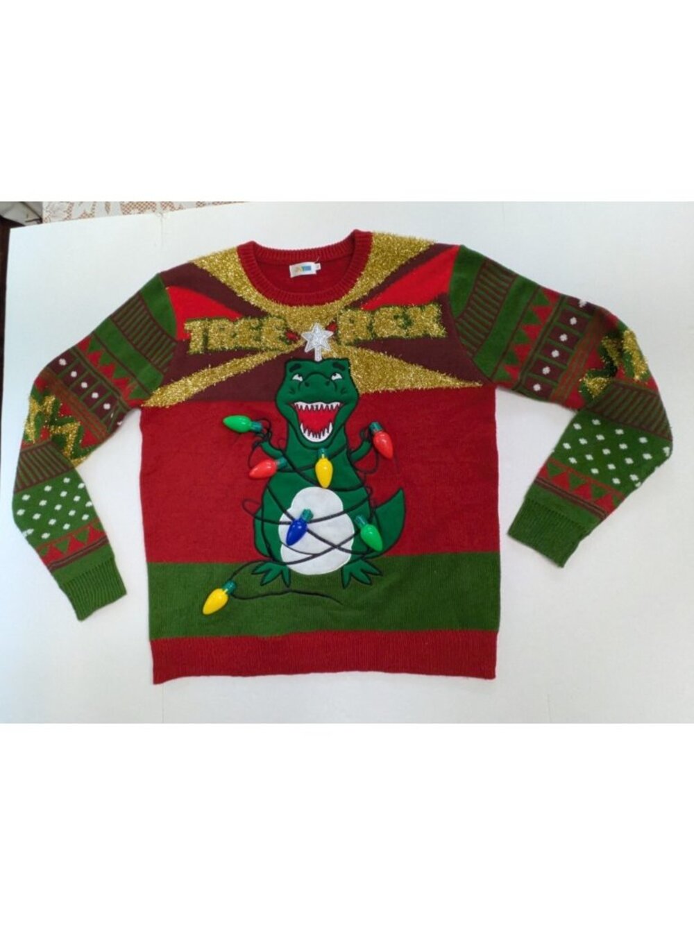 Joyin Tree Rex Light Up Ugly Christmas Sweater Size XL Red Green Dinosaur